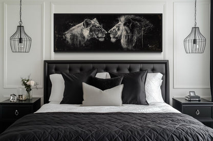 Lion And Lioness Long Horizontal Black White Romantic Bedroom Wall Art