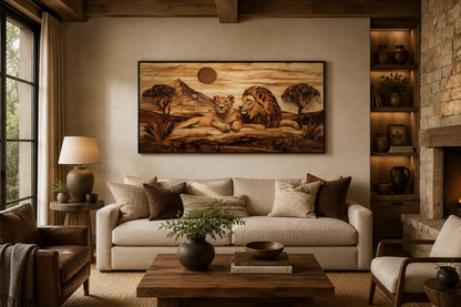 Lion And Lioness Couple In African Savanna Wood Texture Painting Canvas Print