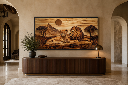 Lion And Lioness Couple In African Savanna Wood Texture Painting Canvas Print