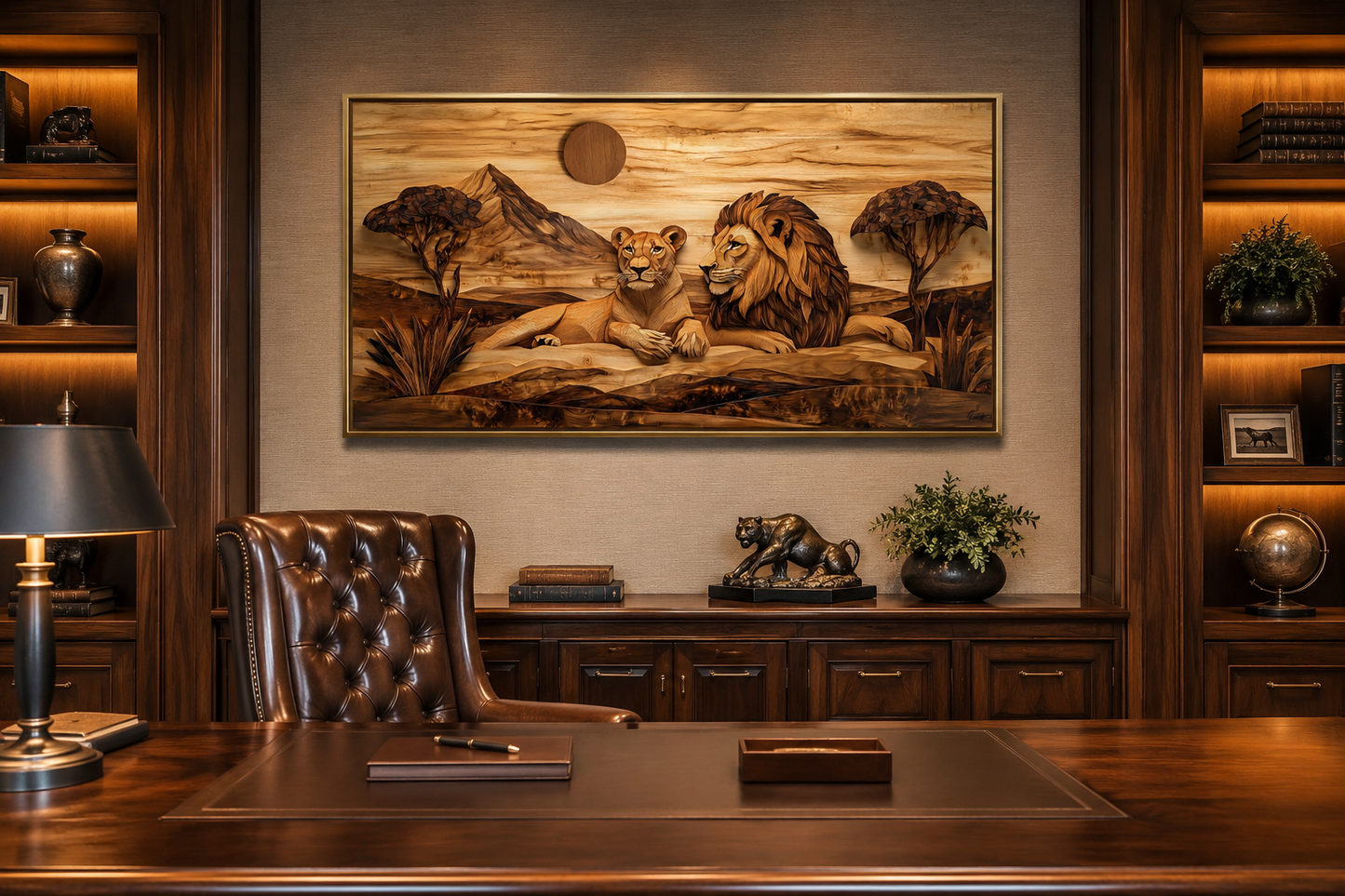 Lion And Lioness Couple In African Savanna Wood Texture Painting Canvas Print