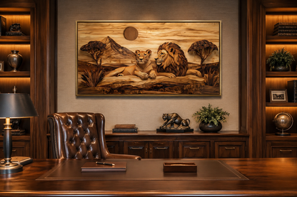 Lion And Lioness Couple In African Savanna Wood Texture Painting Canvas Print