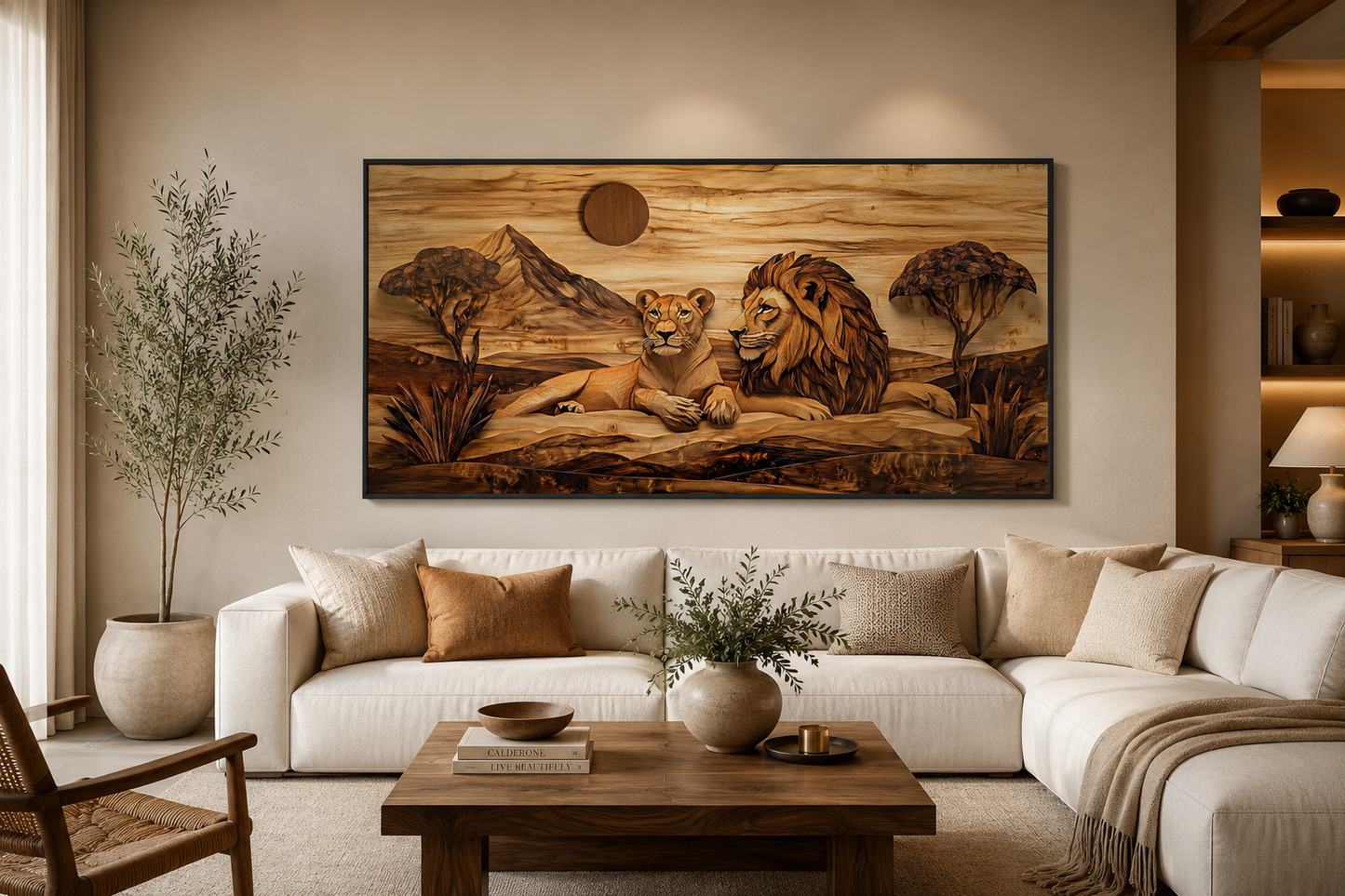 Lion And Lioness Couple In African Savanna Wood Texture Painting Canvas Print