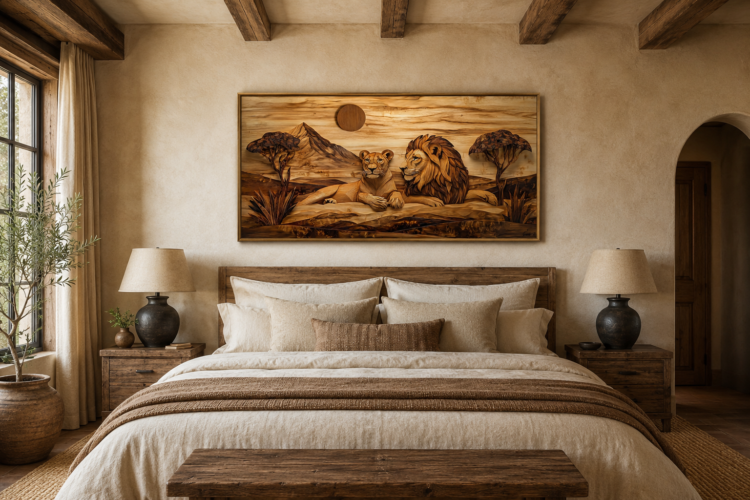 Lion And Lioness Couple In African Savanna Wood Texture Painting Canvas Print