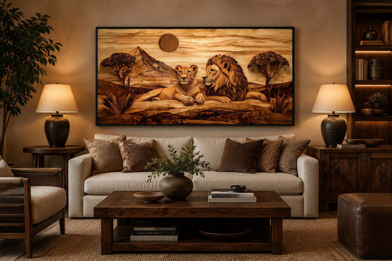 Lion And Lioness Couple In African Savanna Wood Texture Painting Canvas Print