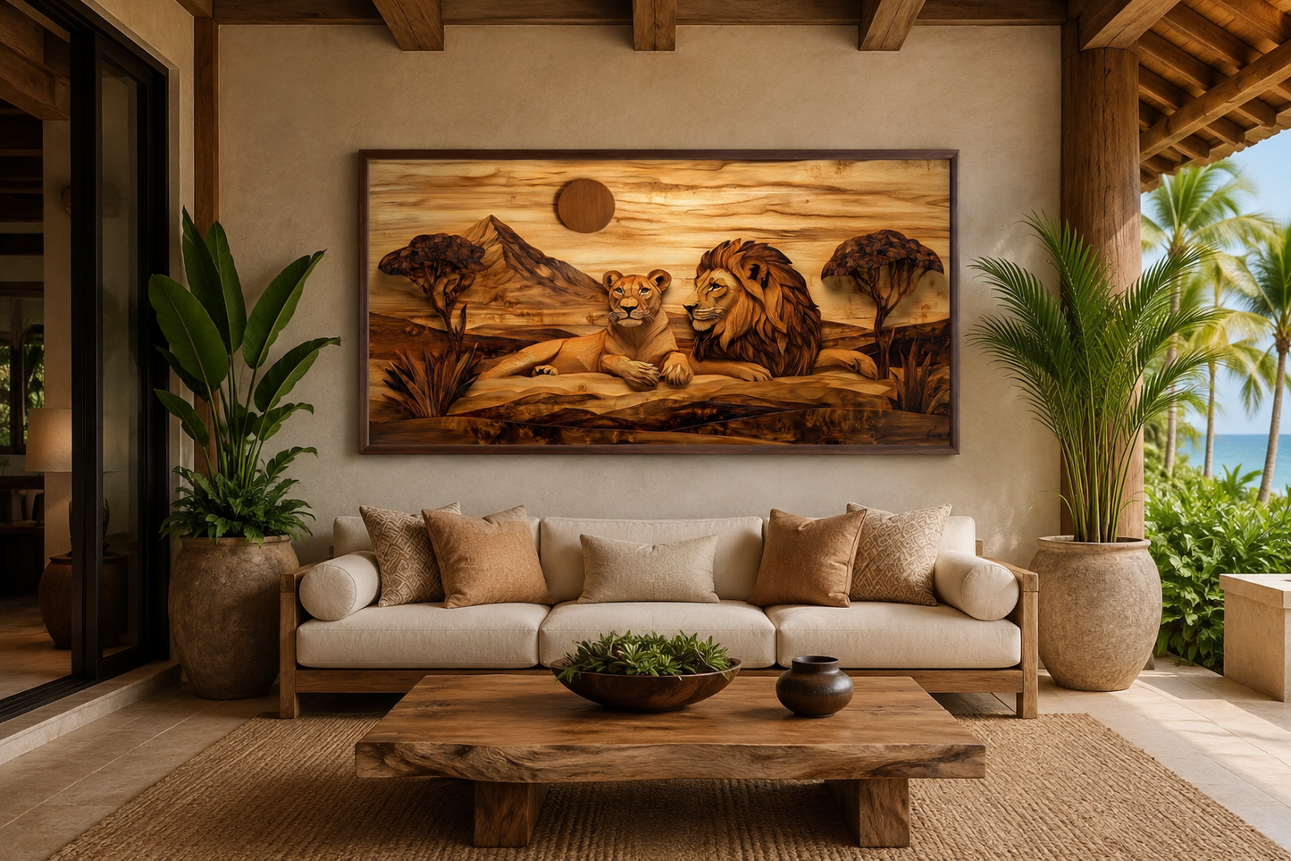 Lion And Lioness Couple In African Savanna Wood Texture Painting Canvas Print