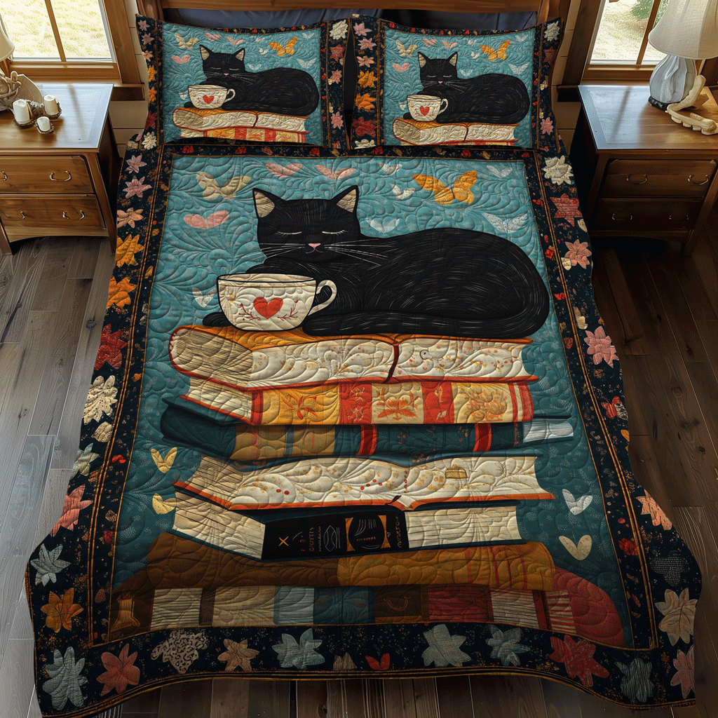 Literary Feline 3-Piece Quilted Bedding Set - Single (59" x 70")