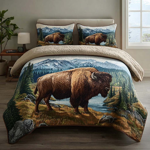 Lodge Bison Scene 3-Piece Quilted Bedding Set - Single (59" x 70")