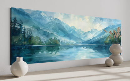 Blue Green Long Narrow Horizontal Lake Landscape Panoramic Wall Art