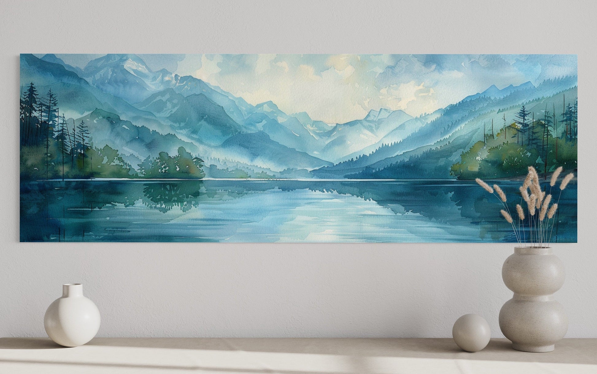 Blue Green Long Narrow Horizontal Lake Landscape Panoramic Wall Art