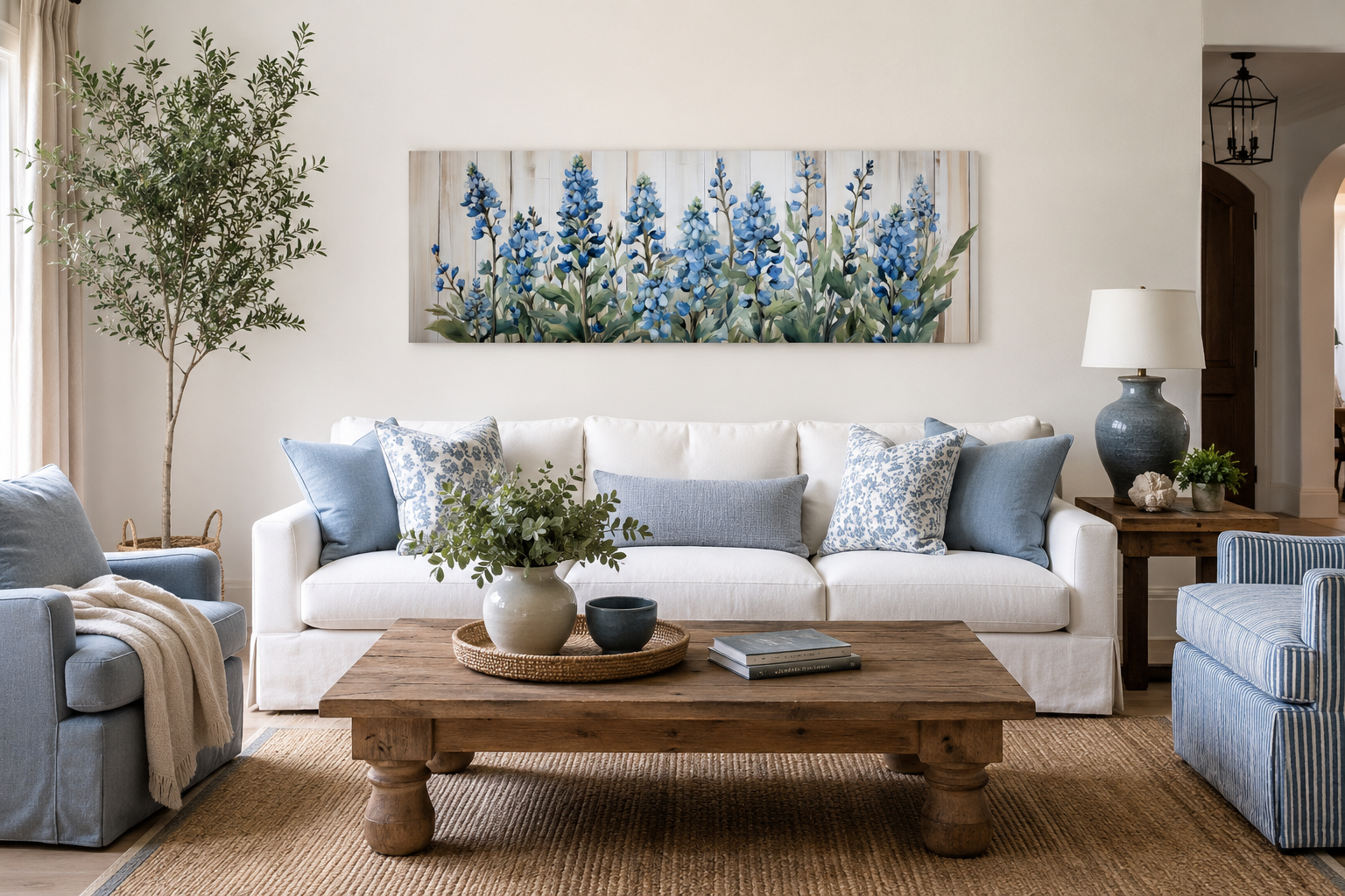 Blue Wildflowers Horizontal Framed Canvas Wall Art For Above Bed Decor