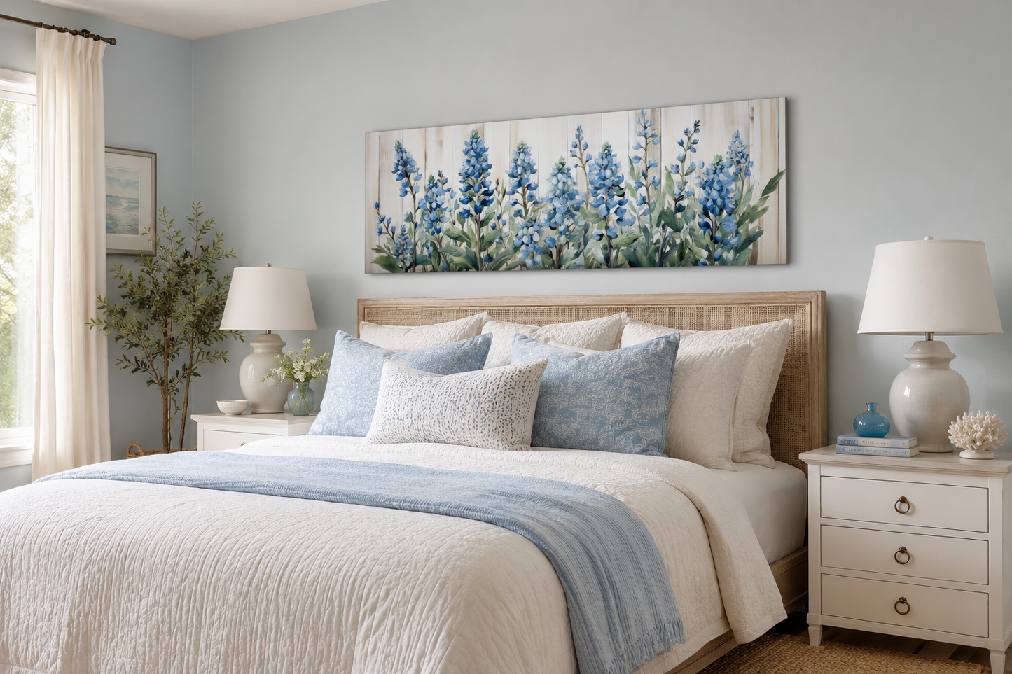 Blue Wildflowers Horizontal Framed Canvas Wall Art For Above Bed Decor