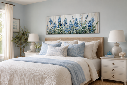 Blue Wildflowers Horizontal Framed Canvas Wall Art For Above Bed Decor