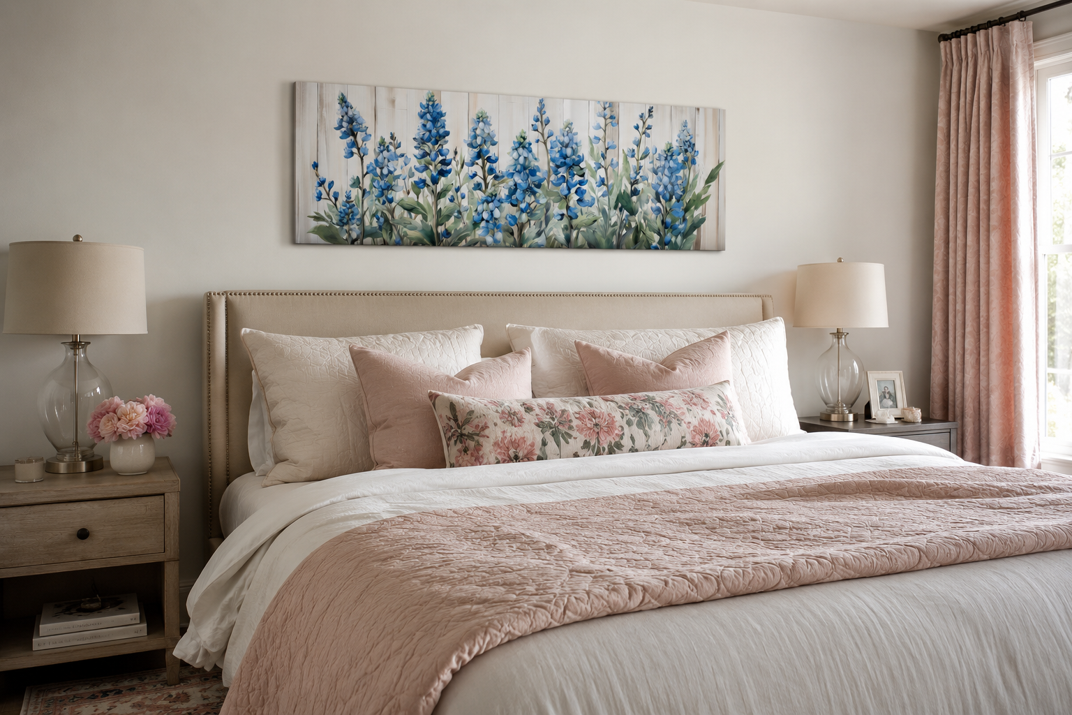 Blue Wildflowers Horizontal Framed Canvas Wall Art For Above Bed Decor