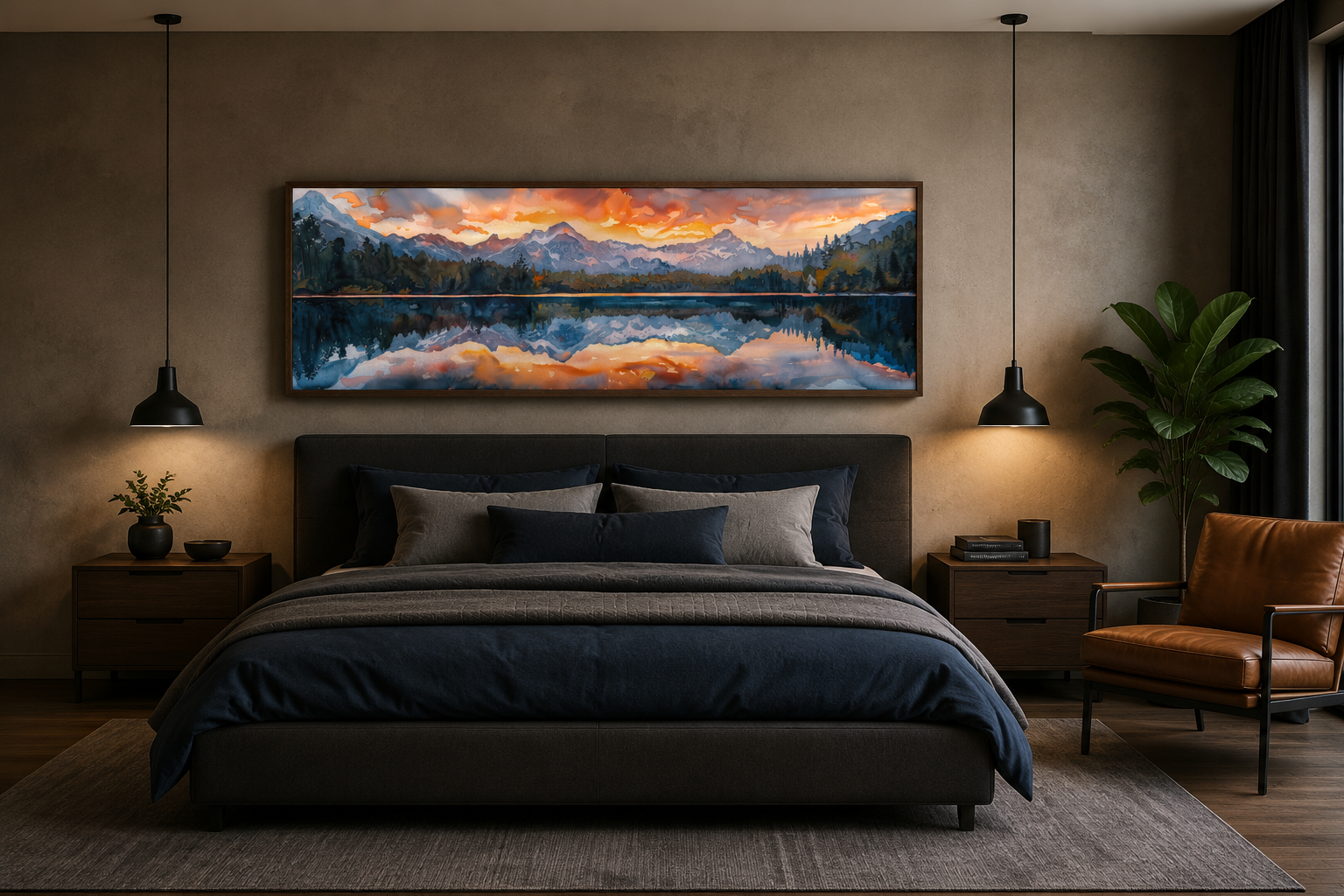 Sunset Over Mountain Lake Landscape Panoramic Framed Canvas Wall Art Above Bed Decor