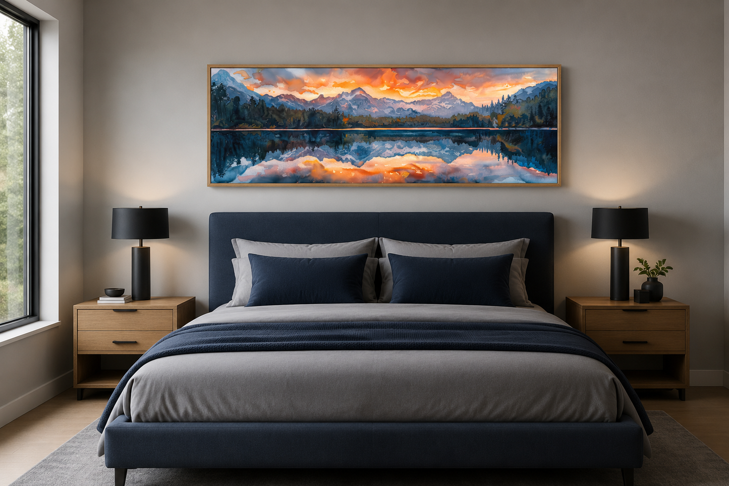 Sunset Over Mountain Lake Landscape Panoramic Framed Canvas Wall Art Above Bed Decor