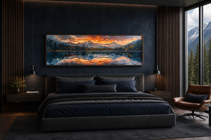 Sunset Over Mountain Lake Landscape Panoramic Framed Canvas Wall Art Above Bed Decor