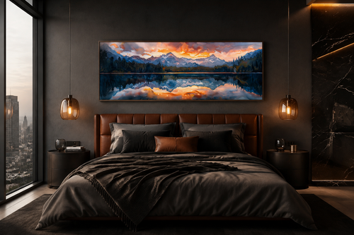Sunset Over Mountain Lake Landscape Panoramic Framed Canvas Wall Art Above Bed Decor