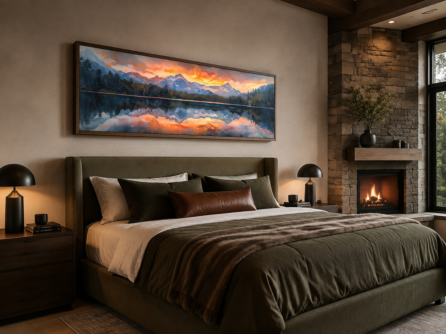 Sunset Over Mountain Lake Landscape Panoramic Framed Canvas Wall Art Above Bed Decor
