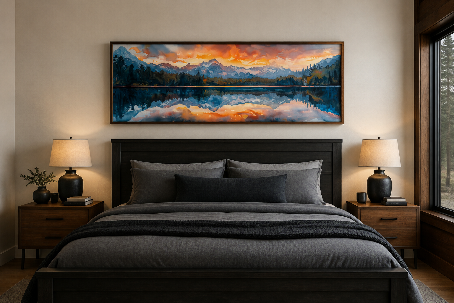 Sunset Over Mountain Lake Landscape Panoramic Framed Canvas Wall Art Above Bed Decor