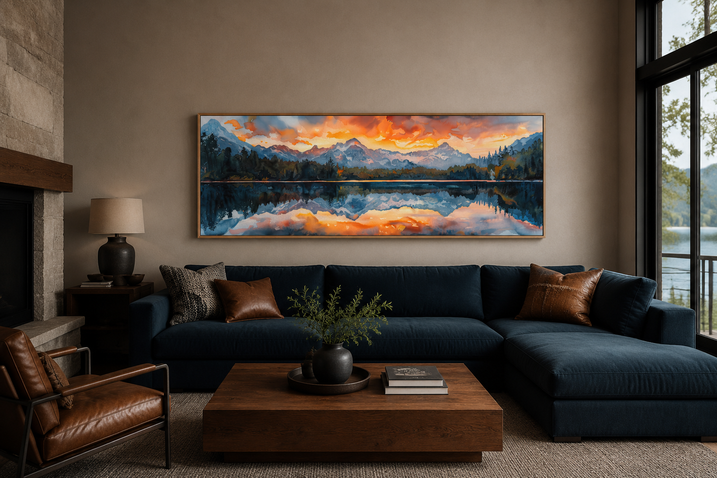 Sunset Over Mountain Lake Landscape Panoramic Framed Canvas Wall Art Above Bed Decor