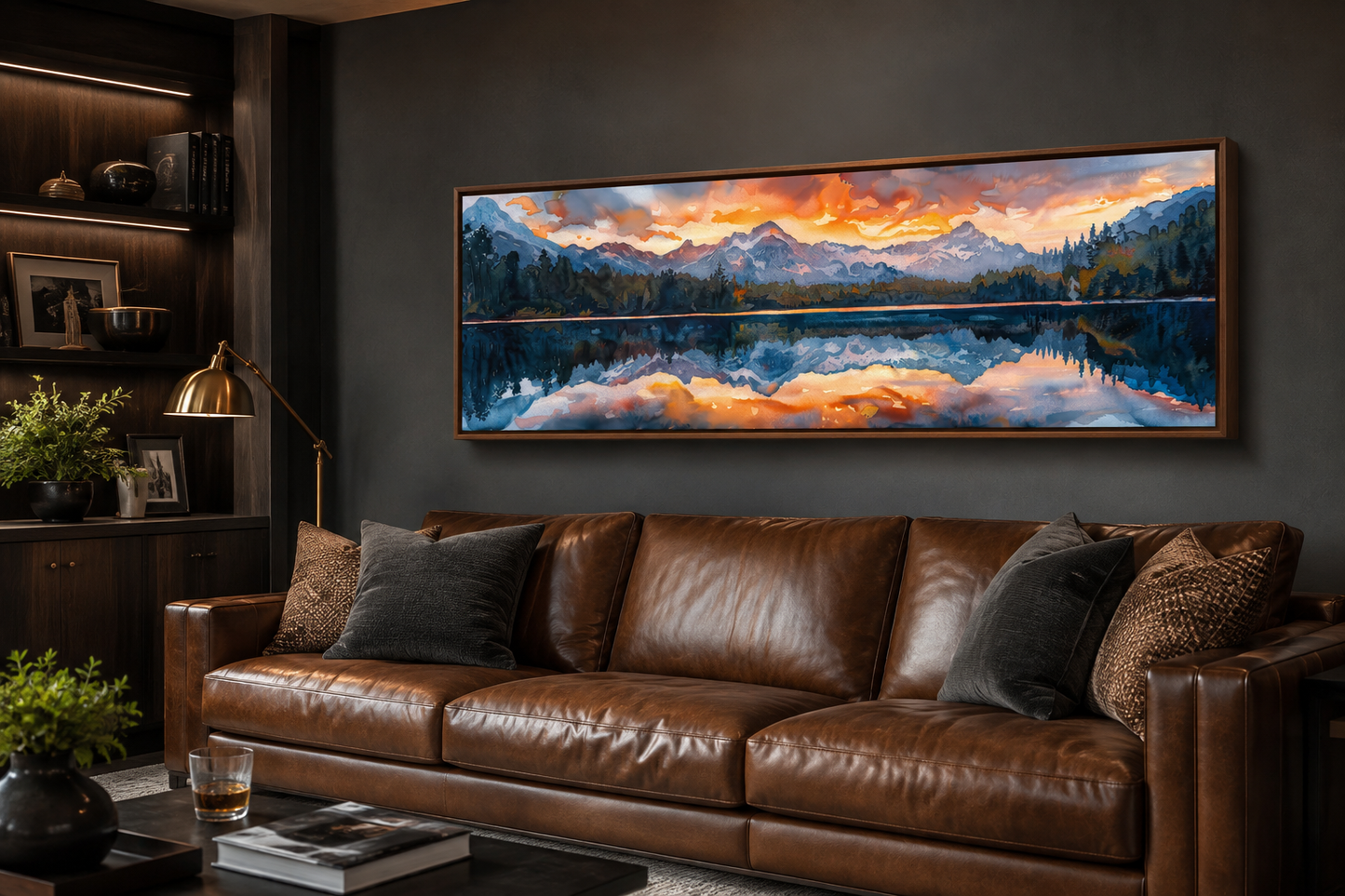Sunset Over Mountain Lake Landscape Panoramic Framed Canvas Wall Art Above Bed Decor
