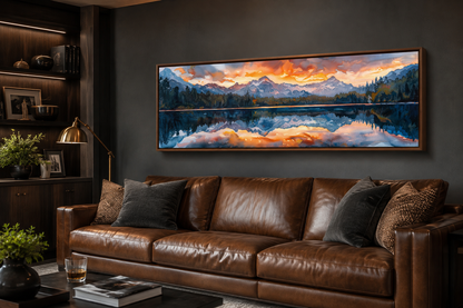 Sunset Over Mountain Lake Landscape Panoramic Framed Canvas Wall Art Above Bed Decor