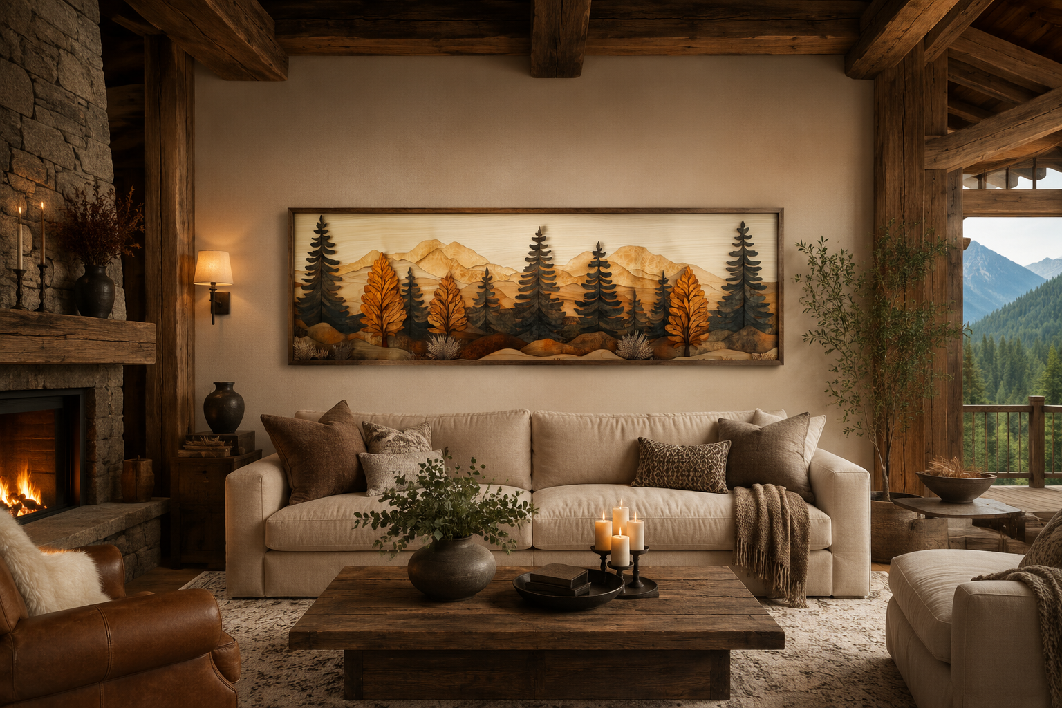 Pine Forest Wood Mosaic Painting Long Horizontal Cabin Wall Art For Above Bed Or Couch