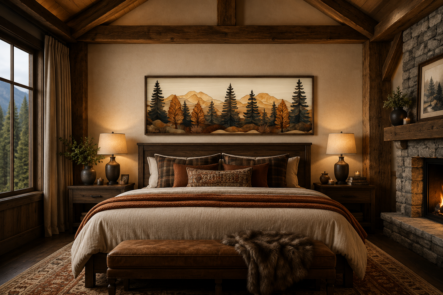 Pine Forest Wood Mosaic Painting Long Horizontal Cabin Wall Art For Above Bed Or Couch