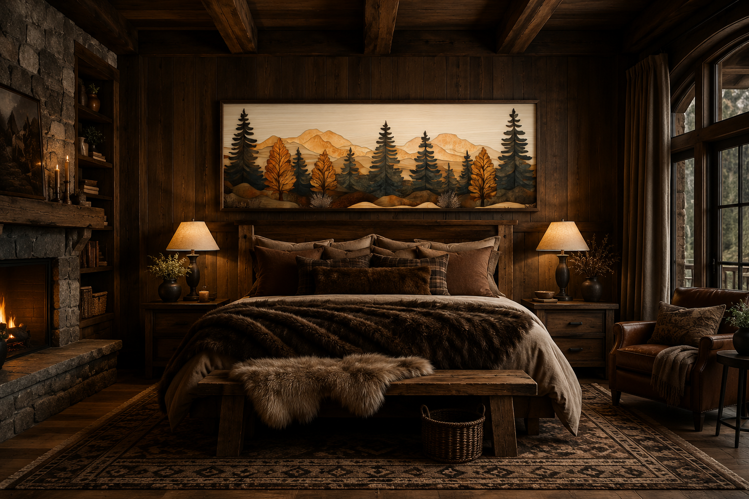 Pine Forest Wood Mosaic Painting Long Horizontal Cabin Wall Art For Above Bed Or Couch
