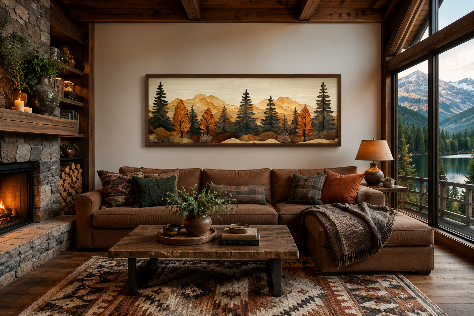 Pine Forest Wood Mosaic Painting Long Horizontal Cabin Wall Art For Above Bed Or Couch