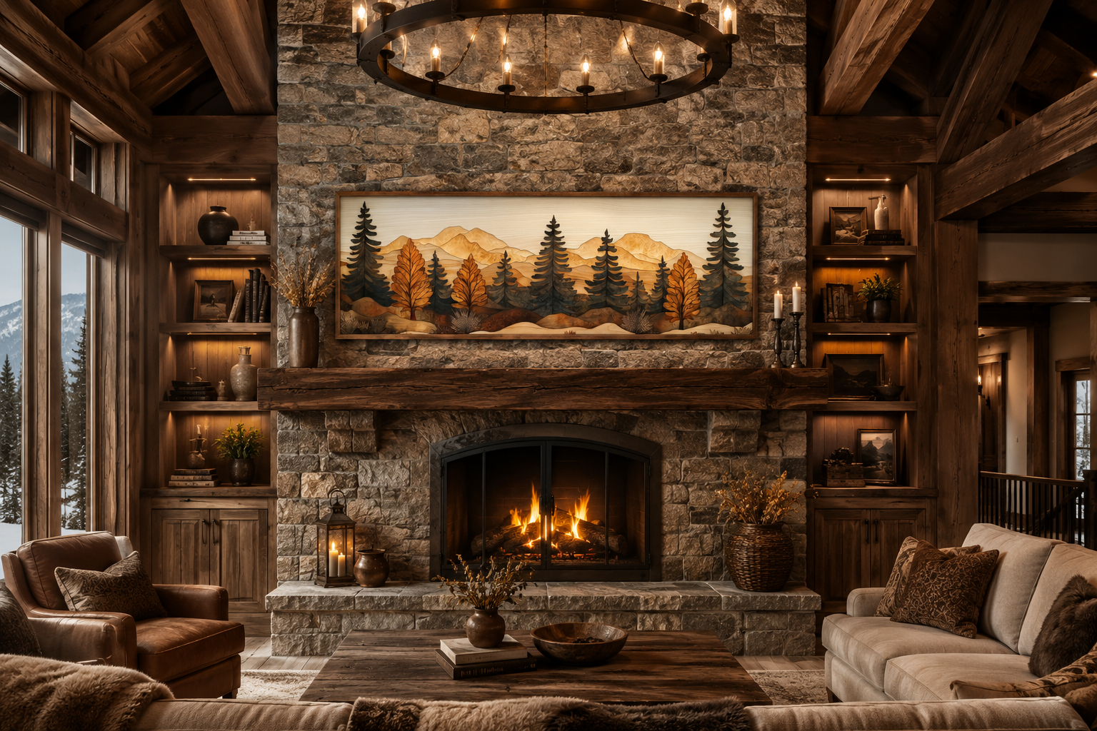 Pine Forest Wood Mosaic Painting Long Horizontal Cabin Wall Art For Above Bed Or Couch