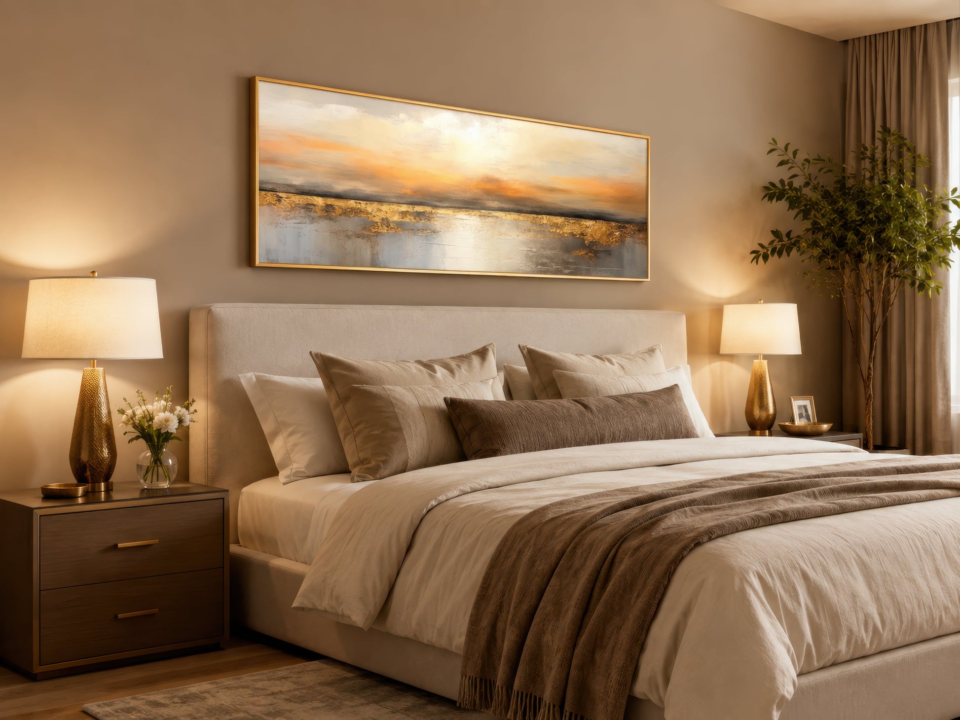 Gold And Silver Ocean Sunset Long Horizontal Above Couch Or Bed Wall Art