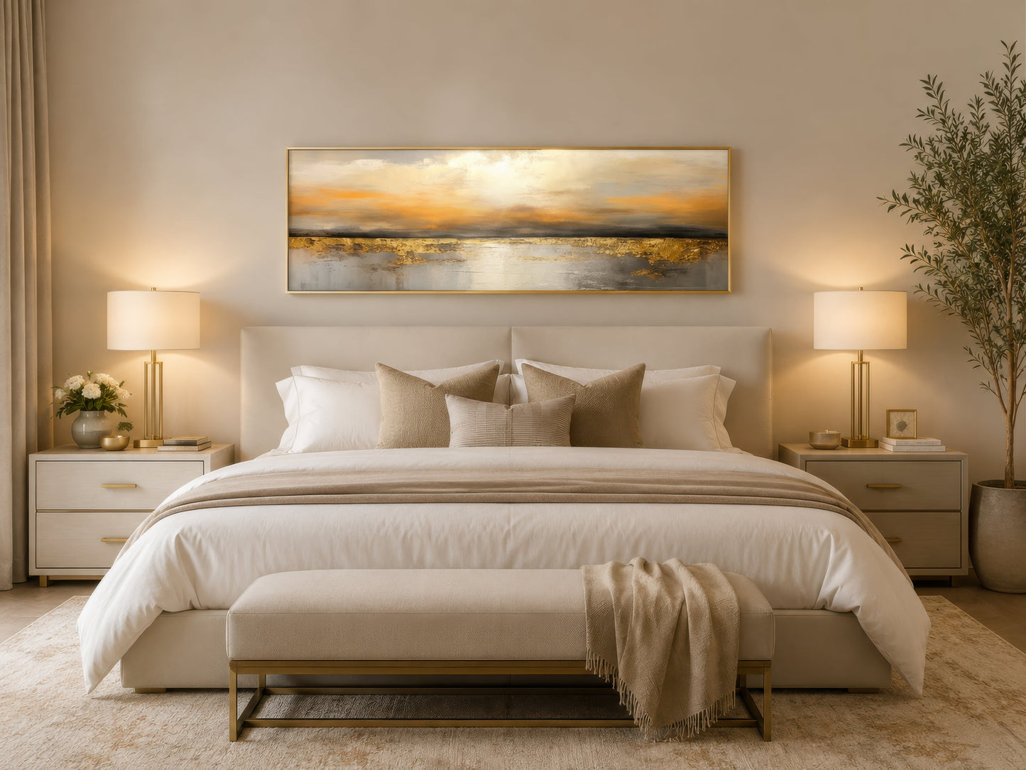 Gold And Silver Ocean Sunset Long Horizontal Above Couch Or Bed Wall Art