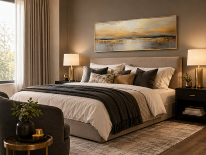 Gold And Silver Ocean Sunset Long Horizontal Above Couch Or Bed Wall Art