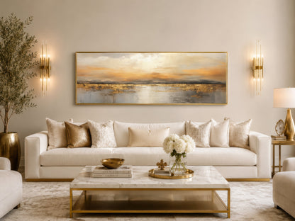 Gold And Silver Ocean Sunset Long Horizontal Above Couch Or Bed Wall Art