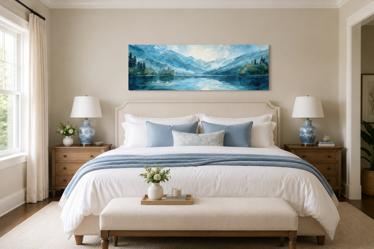 Blue Green Long Narrow Horizontal Lake Landscape Panoramic Wall Art