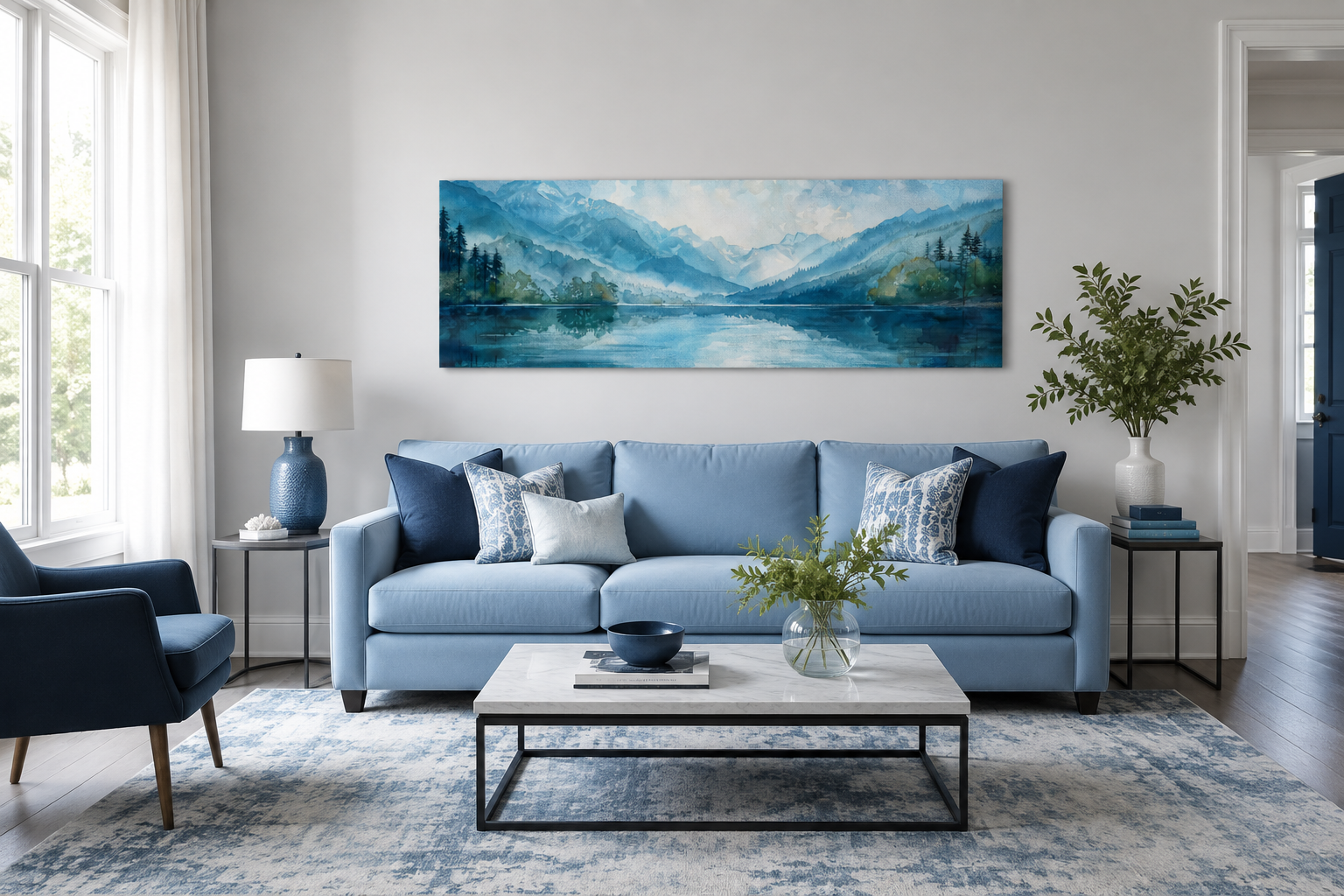 Blue Green Long Narrow Horizontal Lake Landscape Panoramic Wall Art