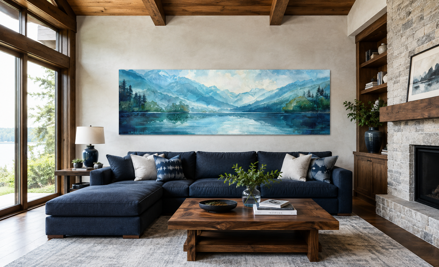 Blue Green Long Narrow Horizontal Lake Landscape Panoramic Wall Art