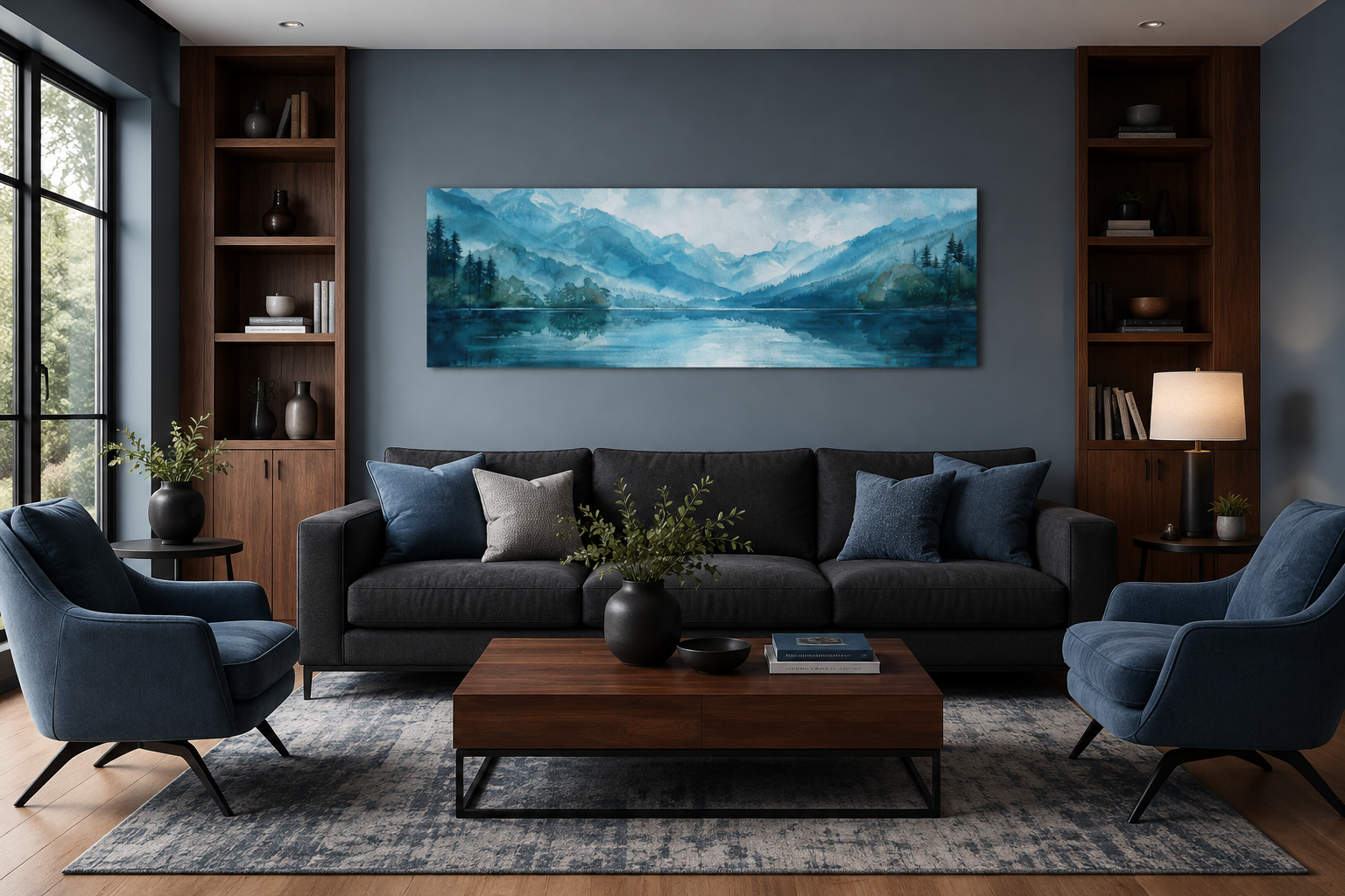 Blue Green Long Narrow Horizontal Lake Landscape Panoramic Wall Art