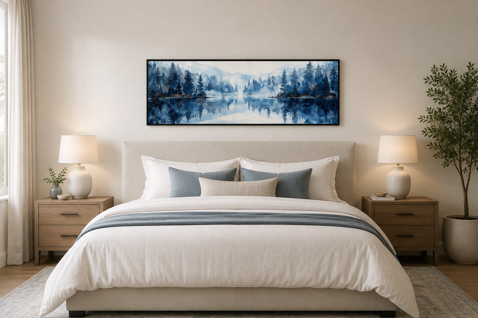 Navy Blue Lake Long Narrow Horizontal Landscape Above Bed Wall Decor Canvas Wall Art