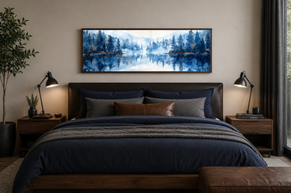 Navy Blue Lake Long Narrow Horizontal Landscape Above Bed Wall Decor Canvas Wall Art