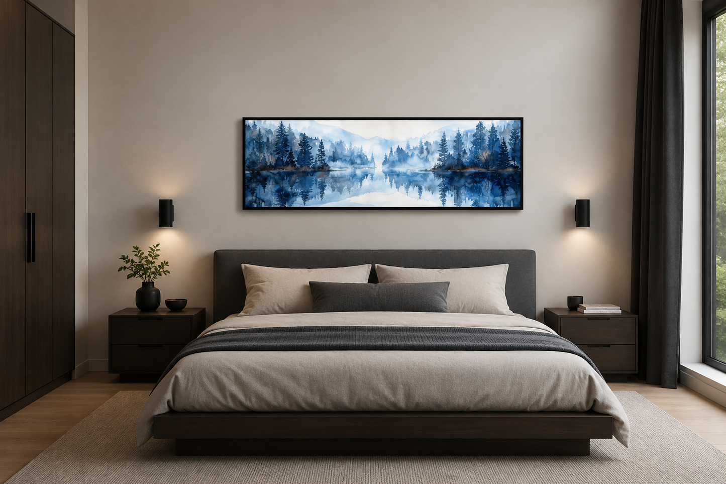 Navy Blue Lake Long Narrow Horizontal Landscape Above Bed Wall Decor Canvas Wall Art