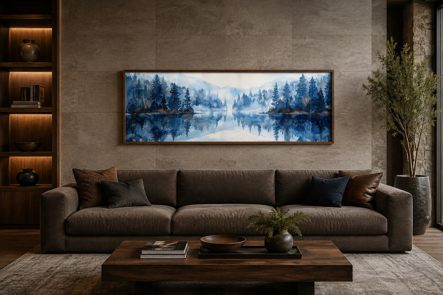 Navy Blue Lake Long Narrow Horizontal Landscape Above Bed Wall Decor Canvas Wall Art