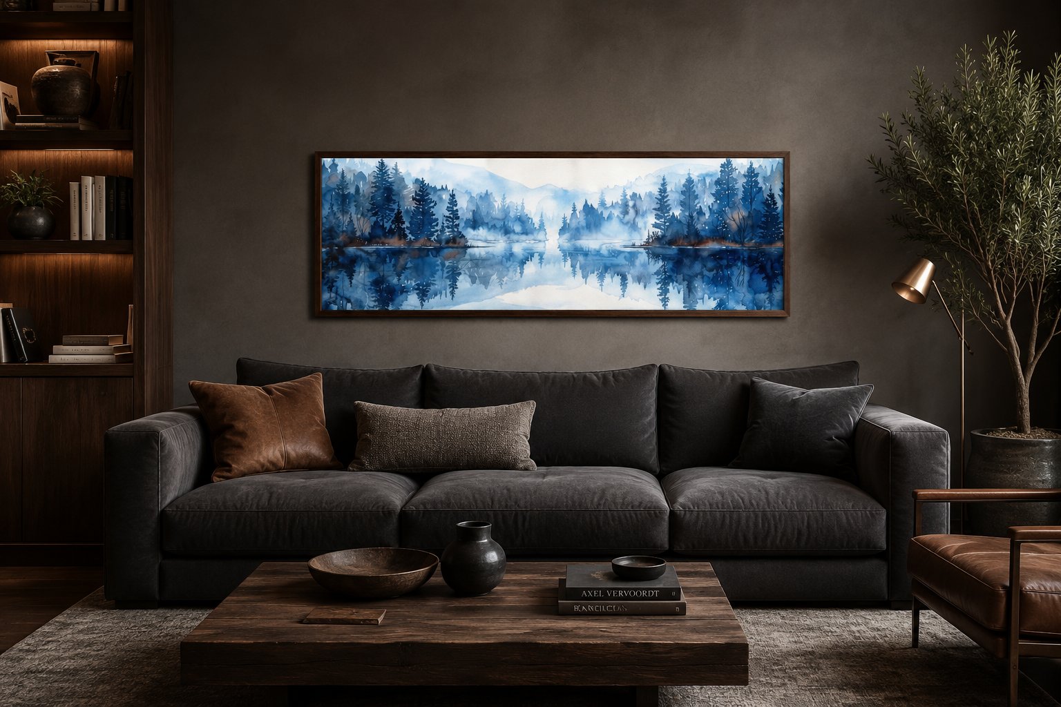 Navy Blue Lake Long Narrow Horizontal Landscape Above Bed Wall Decor Canvas Wall Art