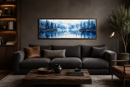 Navy Blue Lake Long Narrow Horizontal Landscape Above Bed Wall Decor Canvas Wall Art