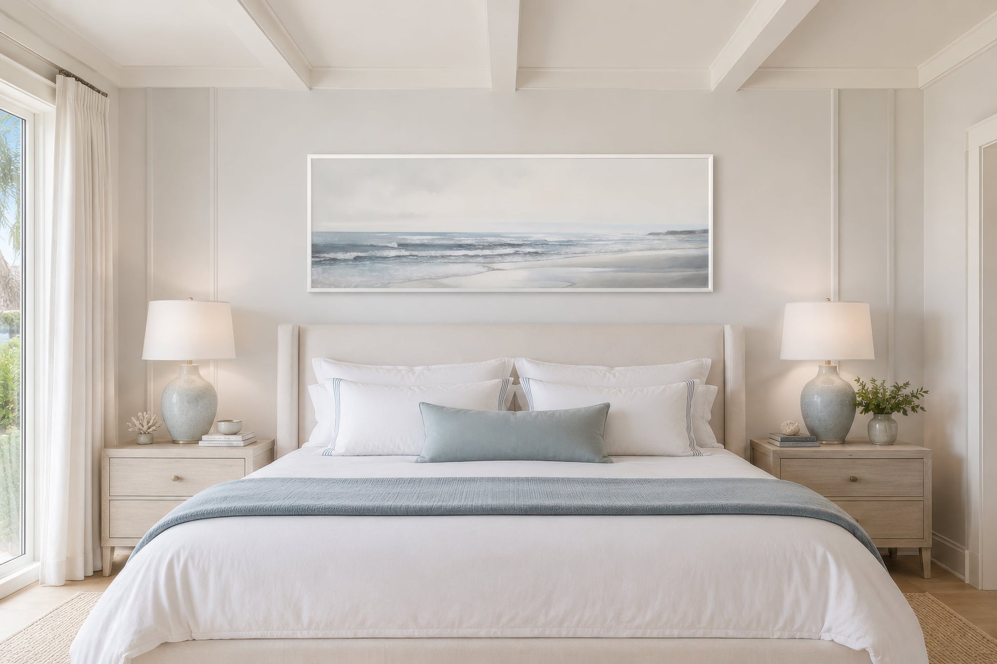 Calm Minimalist Beach Long Horizontal Coastal Framed Canvas Wall Art