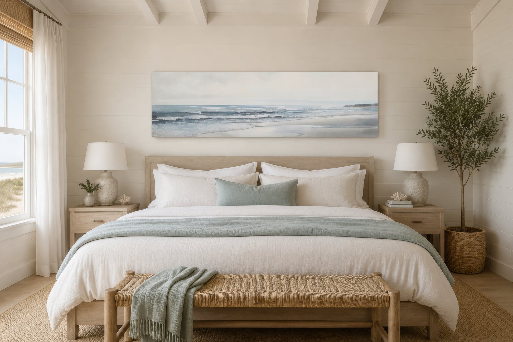 Calm Minimalist Beach Long Horizontal Coastal Framed Canvas Wall Art