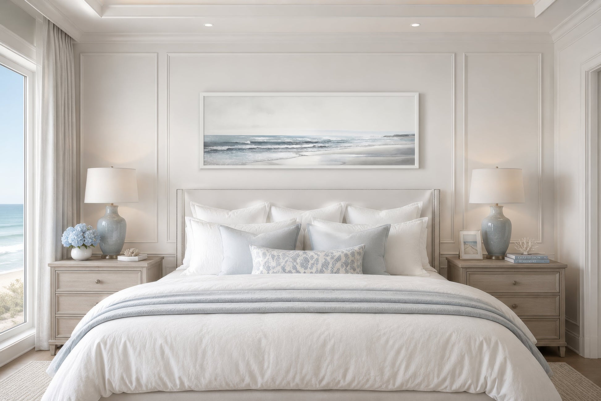 Calm Minimalist Beach Long Horizontal Coastal Framed Canvas Wall Art