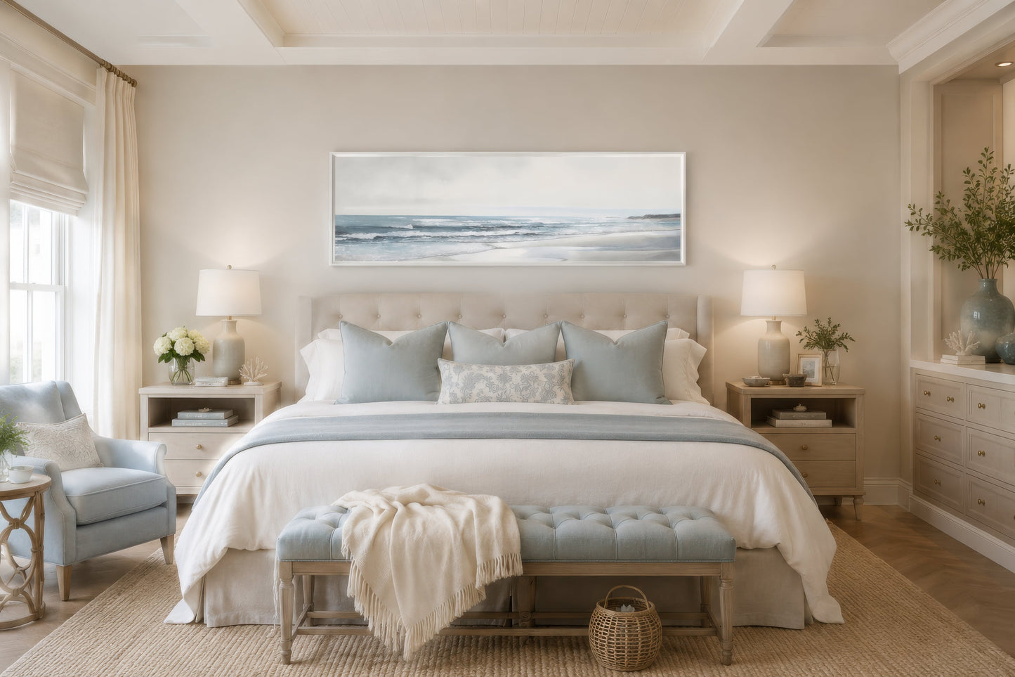 Calm Minimalist Beach Long Horizontal Coastal Framed Canvas Wall Art