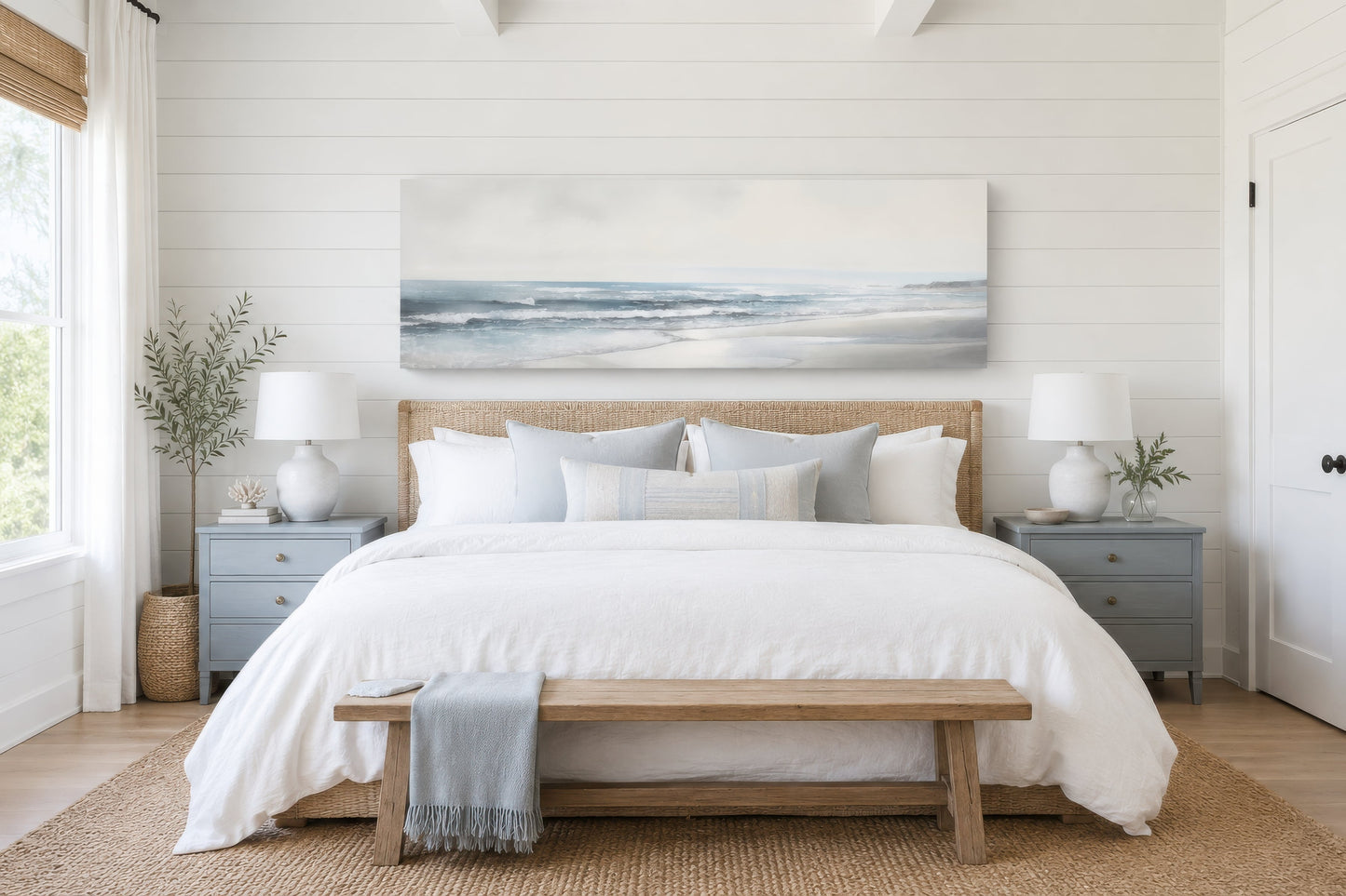 Calm Minimalist Beach Long Horizontal Coastal Framed Canvas Wall Art